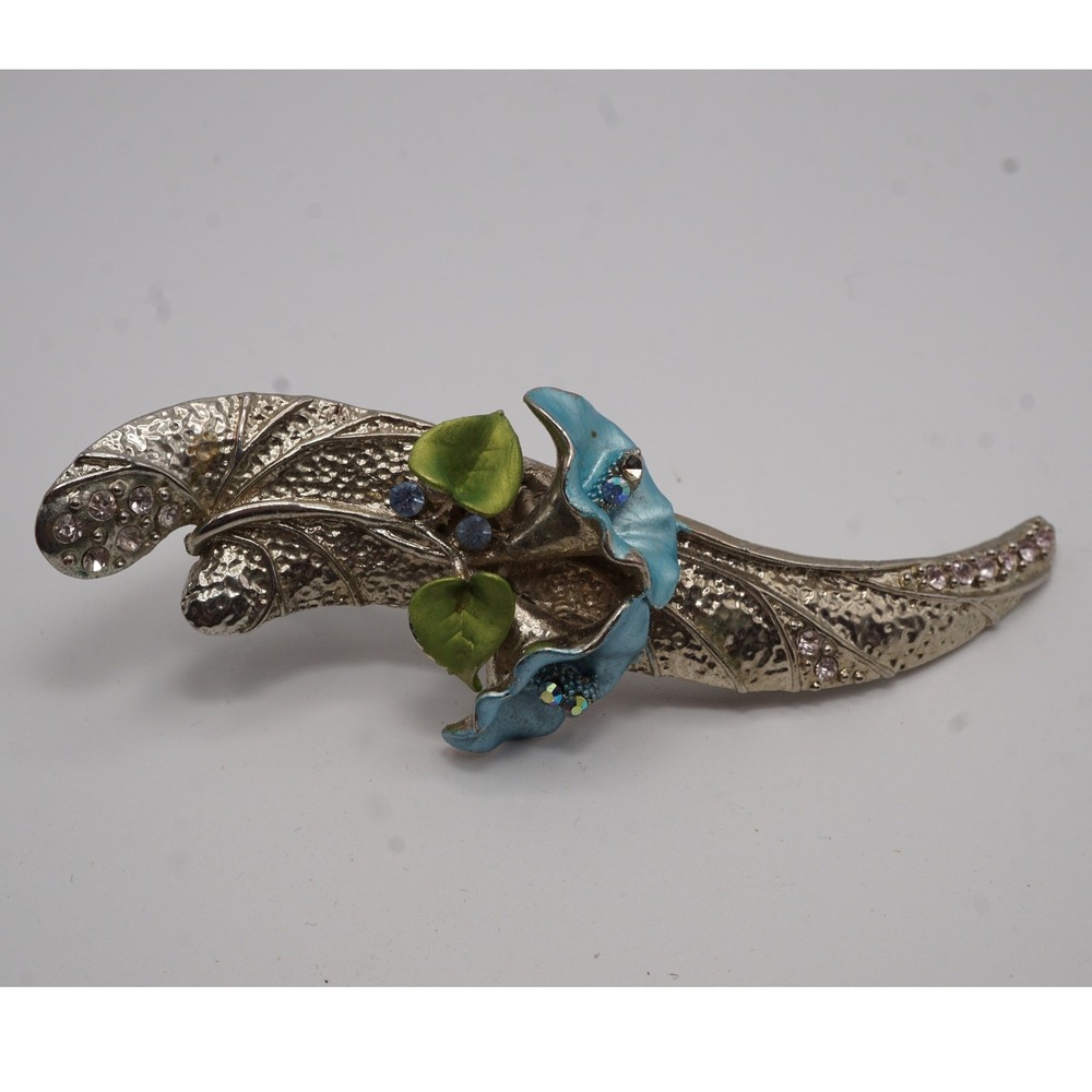 Vintage Silver Tone Floral Hair Clip Enamel Rhinestone Alligator Barrette 4.5"